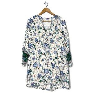 Old Navy White Floral Dress Long Sleeves Border Print Pleated Front Women’s Med.